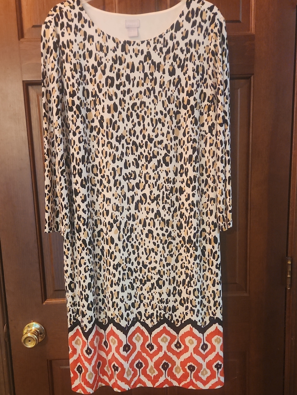 Chico's Leopard Print Midi Dress with Coral Border